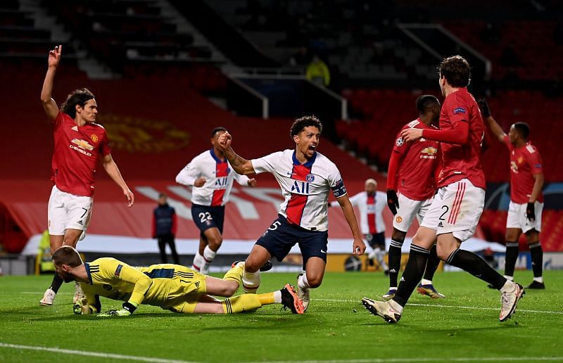 Marquinhos celebrates after scoring against between Manchester United 